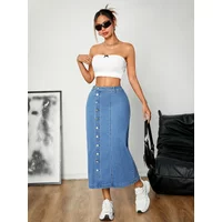 Women's Straight Cut Denim Skirt with Button Details Versatile Buckle Style Elastic Comfortable Mid-Length Casual Skirt
