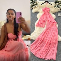 Women Two Pieces Dress Sets Solid Matching Sets Asymmetry Slit Halter Collar Top Ankle Length Empire Waist Casual 2025 Summer
