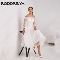 RODDRSYA Civil Lace Wedding Dress Boat Neck 3/4 Sleeves Applique Bride Gown Tulle A-Line Tea-Length vestidos de novia Customized