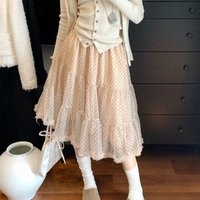 Deeptown Sweet Elegant Skirts Women Korean Style Polka Dot Mesh Ruffle Skirt Fairycore Fashion Retro Streetwear Layered Skirts