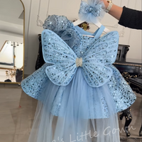 Light Blue 3D Butterfly Sequin Flower Girl Dress Puff Sleeve Tulle Kids Birthday Wedding Party Tutu Gown Customized
