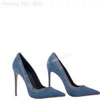 Blue Vintage Denim Hemmed Pump Cool Girl Stiletto Heel Patchwork Bordered Black Canva Sandal Casual Spring Versatile Ruffle Shoe