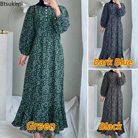 2026 New Women Fashion Long Sleeve Muslim Casual Clothing Loose Prinetd Button Neck Dresses Vintage Bohemian Sundress Robe Femme