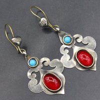 Bohemian Style Hollow Inlaid Synthetic Red Agate Dangle Earrings for Women's Ethnic Design Vintage Vacation Jewelry Crafts Gifts