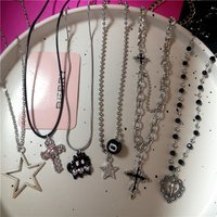 Kpop Cross Cat Big Star Pendant Necklace For Girl Chain Heart Beaded Y2K 2000s Jewelry Accessories