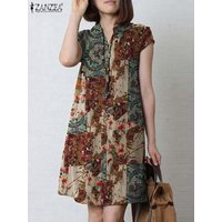 ZANZEA Summer Women Vintage Floral Printed Knee-length Dress Casual Loose Holiday Vestido Kaftan Bohemian Short Sleeve Sundress