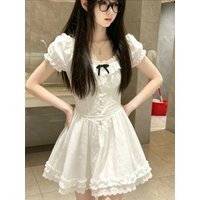 Sweet White Puffy Short Princess Dress Waist-Cinching Summer First Love Style Bubbly Skirt City Commute Outdoor Daily Wear