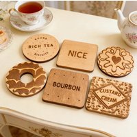 6pcs Classic Wooden Coasters | Bourbon Whiskey, Custard Cream, English Breakfast Tea, Jam Sandwich Biscuit Decorated Coasters