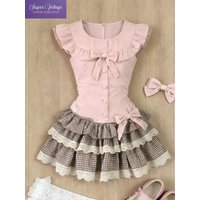 Korean Popular Sweet 2 Pieces Set Women Clothes Slim Bow Decor Top Plaid Tiered Skirt Summer Elegant Casual Fashion Chic Outfit