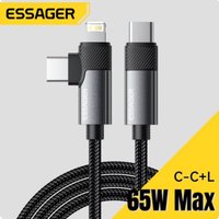Essager 2-in-1 Right Angle Cable C-L 29W C-C 65W Fast Charging Elbow Data Cable For iPhone 16 15 14 MacBook Lenovo Dell iPad Pro