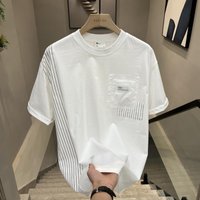 2024 New Summer Minimalist Patchwork Pocket High-quality Round Neck Striped Casual Versatile Youth Ruffian Handsome T-shirt