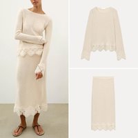 Women's Long Sleeve round Neck Holiday Style Top Elastic Waist Midi Skirt Two Piece Set Spring Summer Fashion Casual Outfit