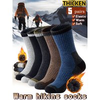 5 Pairs Men's Thickened Towel Socks for Hiking Sports Winter Warm Thermal Mid-calf Fleece Lined Retro Style