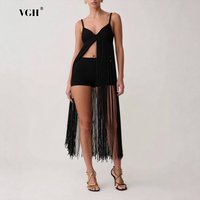 VGH Sexy Night Club Black Crochet Fringe Two Piece Set for Women Long Legnth Tassel Top Mid Waist Shorts Suit for Music Festival