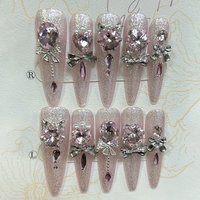 Luxury Pink Cat Eye Glitter Stiletto Handmade Press On Nails Sweet Cool 3D Diamond Pearl Long Tip Nail Art Removable Fake Nails