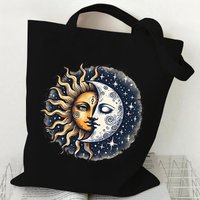 Retro Sun Moon Canvas Tote Bag for Women Celestial Boho Reusable Shoulder Bag Gifts for Astrology Lovers Aesthetic Shopping Bag