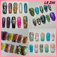 10Pcs Handmade 3D Gel Acrylic Fake Nails Aurora Shell Design Travel Vacation Portable Detachable Almond Press On Nail Art Gift