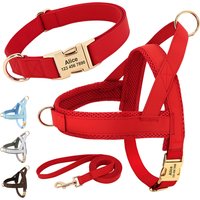 Customized Leather Dog Collar Harness Leash Set Personalized Pet Mesh Vest Harness ID Pet Leads For Small Medium Large Dogs