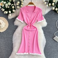REALEFT Summer Elegant Knitted Ruffles Women's Wrap Dress 2026 V-neck Single Breasted Knitwear Slim Sheath Pencil Dress Female