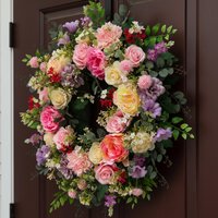 Artificial Front Door Wreath, 45cm Spring Wreath Hanging Ornament, Floral Wreath Photo Prop