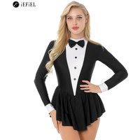 Womens Tuxedo Bow Tie Collar Modern Dance Costume Long Sleeve Latin Jazz Ballet Competition Performance Dress Leotard Dancewear