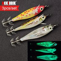 3pcs 8cm Horizontal Squid Jig Lures Luminous Egi Set Glow Wood Shrimp Bait for Saltwater Fishing Cuttlefish Octopus Jigs Hooks