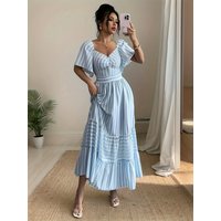 Spring and summer women's elegant and fashionable blue and white striped V-neck short sleeved ruffle hem mid length A-line dress