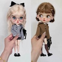 ICY DBS Blyth Doll Clothe College Style Blue Brown Plaid Top + Leather Skirt + Vest Set 19 Joint OB24 Azone Doll Daily Dress Up