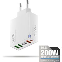 200W Super Fast Charger with 6 Sockets Multi-Device Charging Adapter High-Speed Charging Compatible with Various Electronics