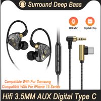 USB Type C in-Ear Headset Wired Earphones For iPhone 15 Pro Max Samsung Android HiFi Bass Stereo Games With Mic 3.5MM Headphones