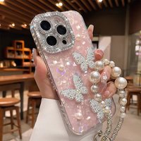 3D Pearl Butterfly Phone Case For Samsung A56 A16 A36 A26 A17 A55 5g A07 Galaxy S24 S23 FE S25 Ultra Edge Lanyard Glitter Cover