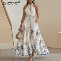 Womens Boho Halter Hollow Vacation Dresses Spring Floral Print High Waist A-Line Pleated Dress Summer Sleeveless Long Maxi Dress