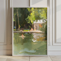 "Summer Lake Impressionist Wall Print Decor - Expressive Oil Painting of a Lakeside Scene with Swimmers and a Dock, Vibrant Gree