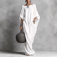 Multicolor Linen Blend Kaftan Maxi Dress Loose Fit Batwing Sleeve Caftan with Pockets Casual Bohemian Loungewear for Women