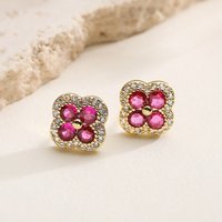 Nickel-free and Lead-free 18K Gold-Plated Copper Four-Leaf Clover Zircon Stud Earrings – French-Style Sweet Jewelry(1 Pair)