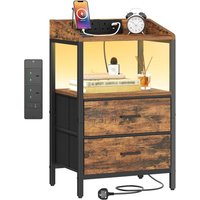 LED-lit Bede Table and Charging Station, Fabric Storage Cabinet with 2 Drawers, USB & Type-C Nightstand in Rustic Brown