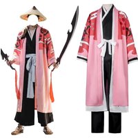 Anime Kyoraku Shunsui Cosplay Costume Japanese Kimono Pink Black Top Pants Cloak Full Set for Men Halloween Party