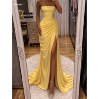 Amanda Customized Lemon Yellow Strapless Prom Dress with Draped Ruched Jersey Bodice, High Slit Floor Length vestidos de noche image 4