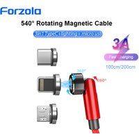 FORZOLA 540 Rotate Magnetic 3A Fast Charging Cable Micro USB Type C Cable Mobile Phone Wire Cord Charger For iPhone 17 16 Xiaomi