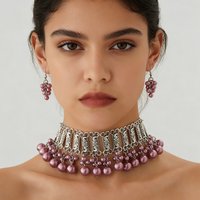 Classic Beaded Tassel Necklace Earring Women's Imitation Purple Pearl Metal Geometric Hollow Necklaces Wedding Choker Jewelry
