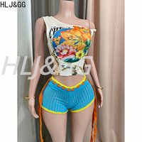 HLJ&GG Summer New Knitting Hollow Bandage Shorts Two Piece Sets Women One Shoulder Sleeveless Slim Crop Top And Shorts Outfits