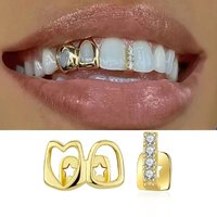 Golden Grillz Tooth Jewelry Set for Men and Women, Copper Inlaid Zircon Hollow Heart, Daily Wearable Valentine Gift, Hip Hop