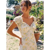 Floral High Waist Princess Bubble Sleeve Short Sleeve Single Button Midi Lace Dress Summer New Style Casual A-Line Skirt