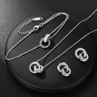 3Pcs Stainless Steel Gold Plated French Roman Numeral Zircon Necklace Bracelet Earrings for Women Fashion Rust Proof Jewelry