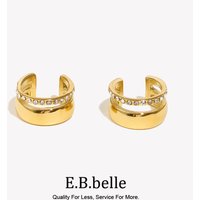 E.B.belle Double Layered Rhinestone C-shaped Ear Clip 316L Stainless Steel Earrings for Women 18K Gold Plated Ear Cuffs