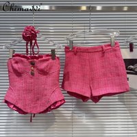 French Elegant Temperament Socialite Metal Buckle Ruffles Slim Fit Strapless Sexy Tops High Waist Shorts Two-Piece Set For Women