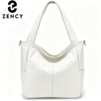 Zency Pure White Shoulder Bag Genuine Leather Women Tote Handbag Large Capacity for Work Wide Handle Crossbody with Long Strap