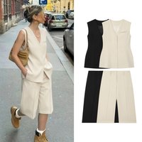 Women's High Waisted Casual Shorts Suit Set Female Chic Hidden Button Closure Vest Or Lady Elegant Wide Leg Half Pants
