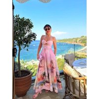 Elegant Island Vacation Long Dress Halter Waist Cinching Fairy Skirt Print Luxury Summer 2025 Women's A-Line Cotton Dress
