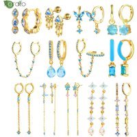 925 Sterling Silver Needle Gold Color Small Hoop Earrings for Women Summer Blue Pendant Earrings 2024 New Fashion Jewelry Aretes
